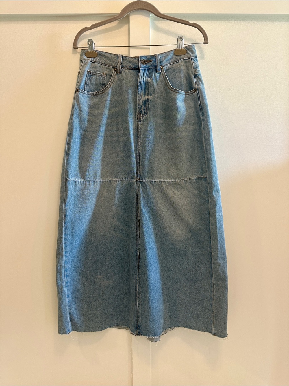 Chelsea & Violet Denim Maxi Skirt Front Slit Raw Hem Size S